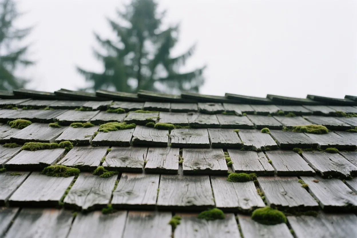 A weathered cedar shake roof with moss between the courses