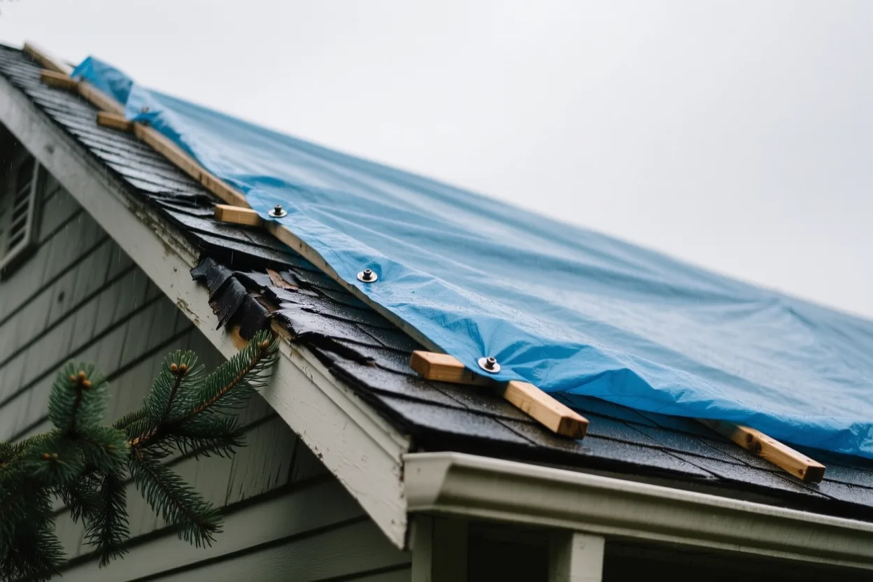 A blue tarp secured over a damaged roof slope during a storm repair