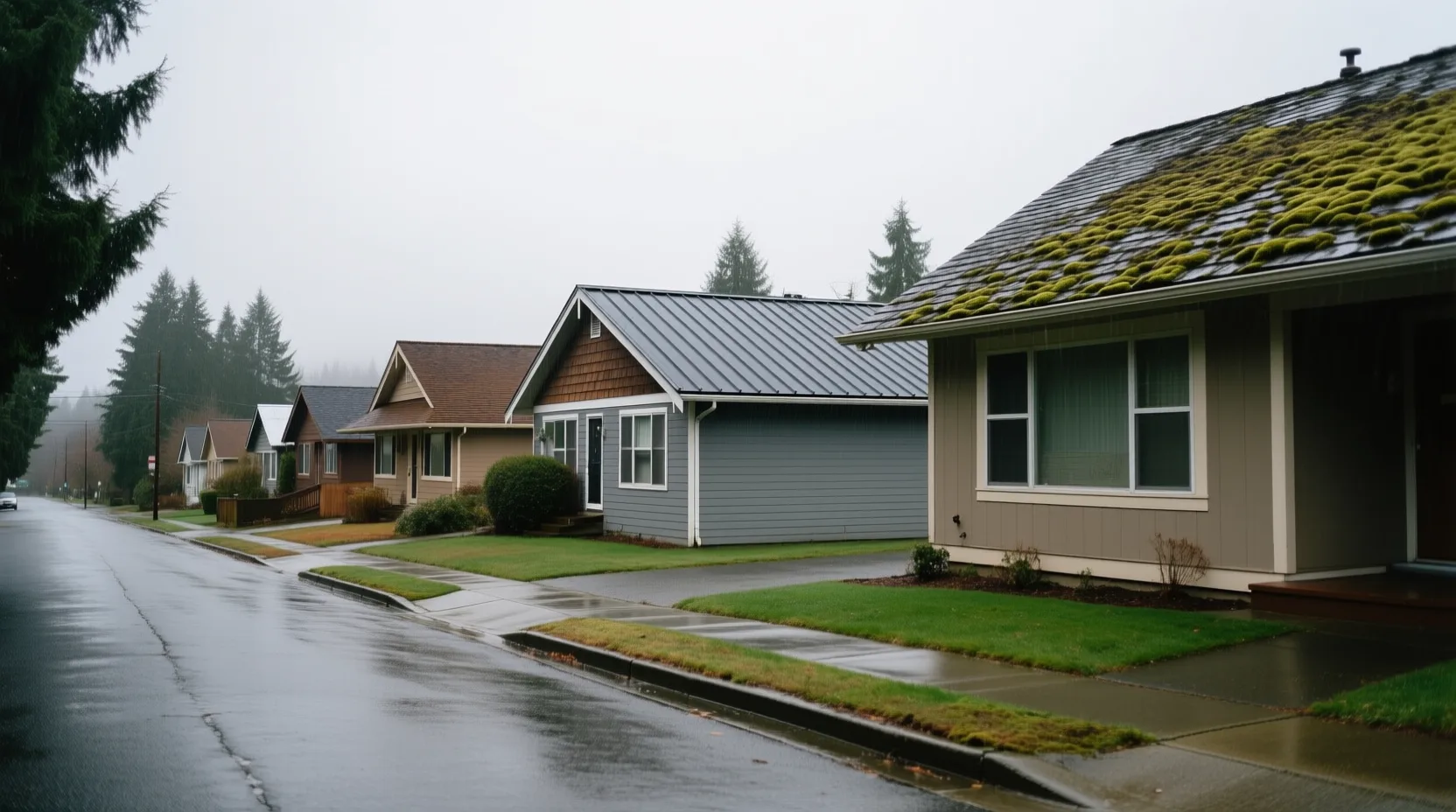 Residential rooftops along a Pacific Northwest suburban street under overcast skies