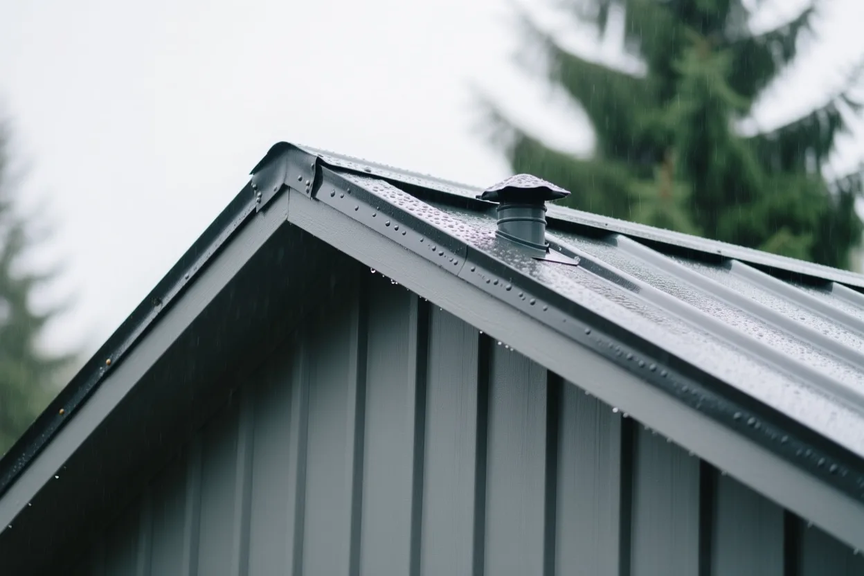 A standing seam metal roof with vent flashing and ridge cap