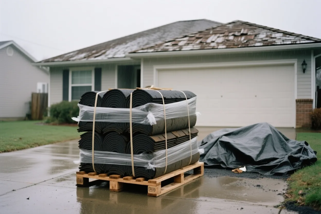 Shingle bundles staged on a driveway for a re-roof