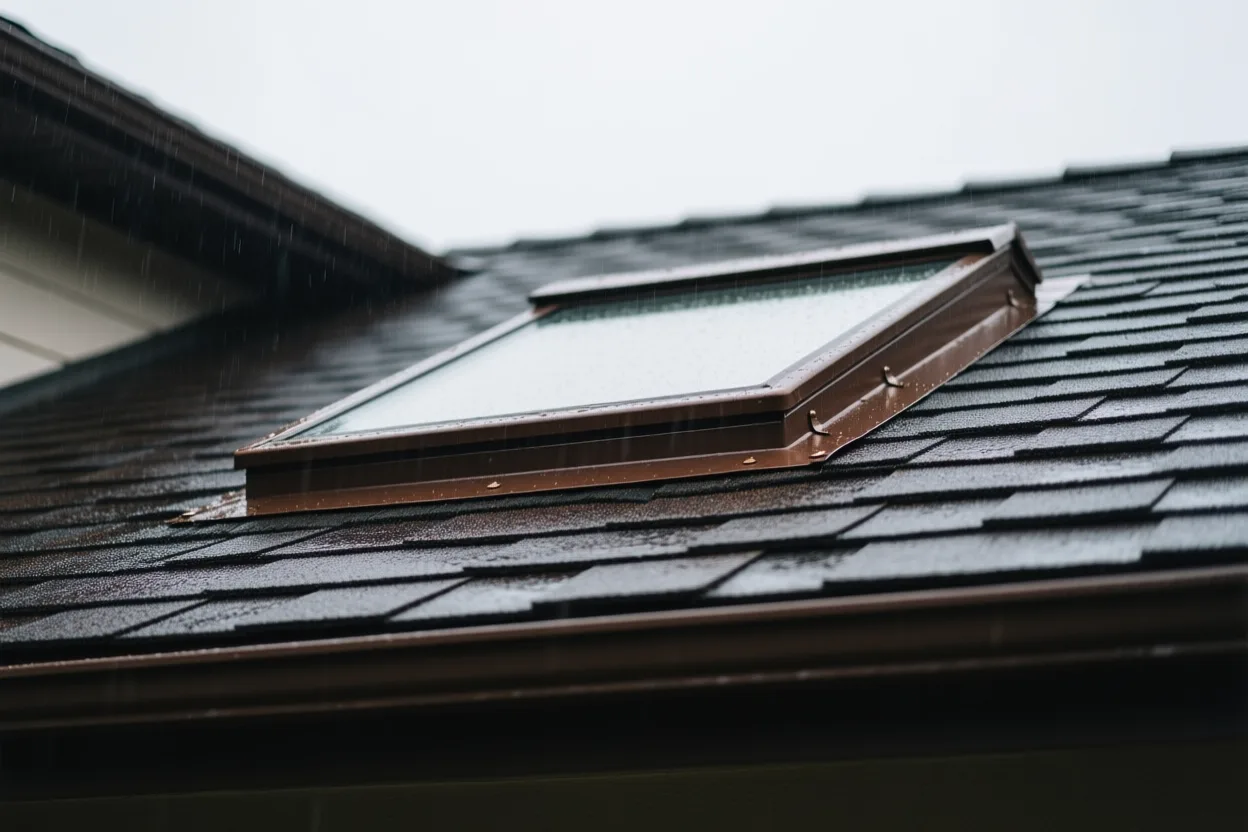 A curb-mount skylight with fresh step flashing on a shingle roof