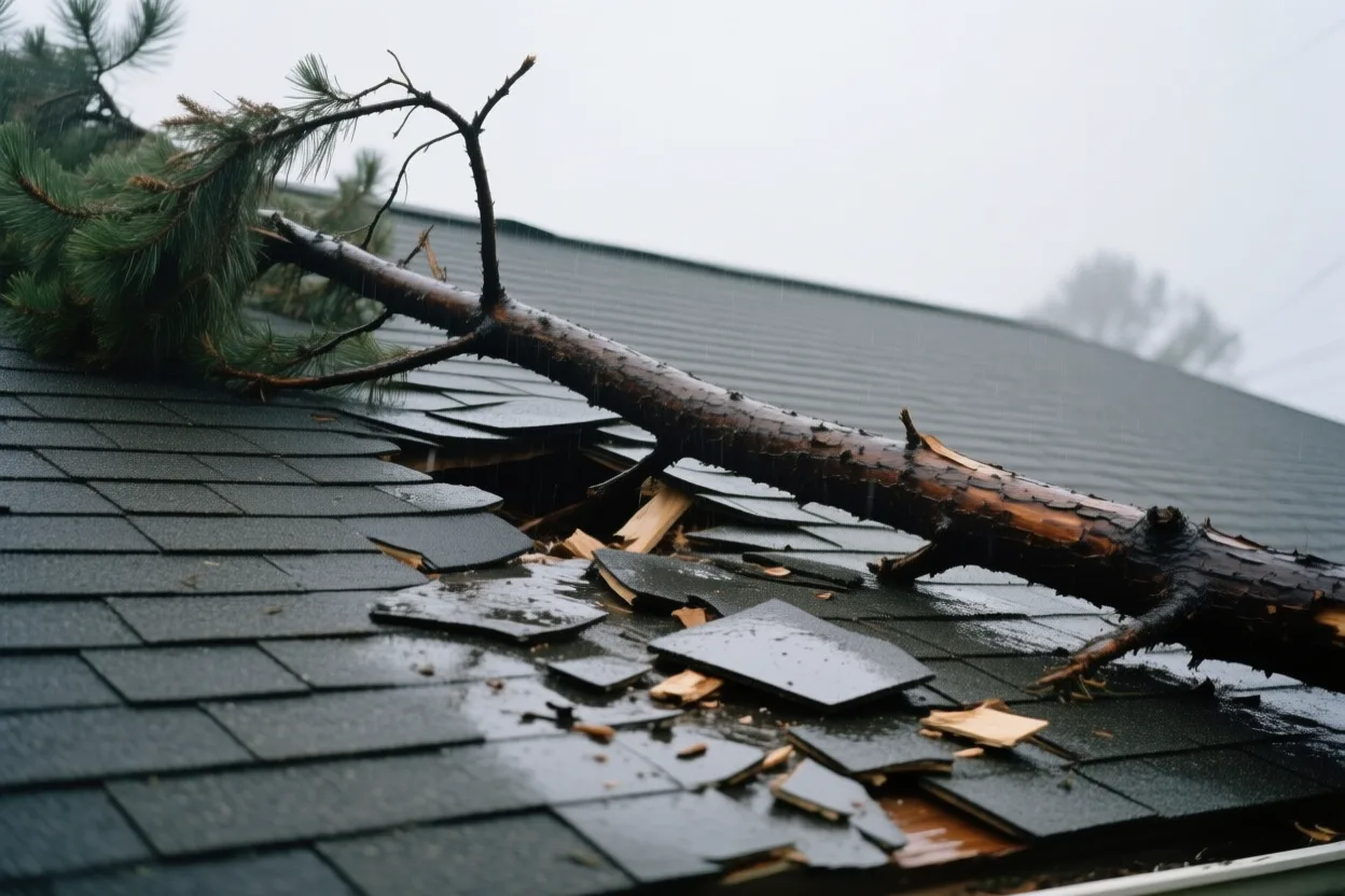 Wind-torn ridge shingles with a fir branch resting on the roof slope